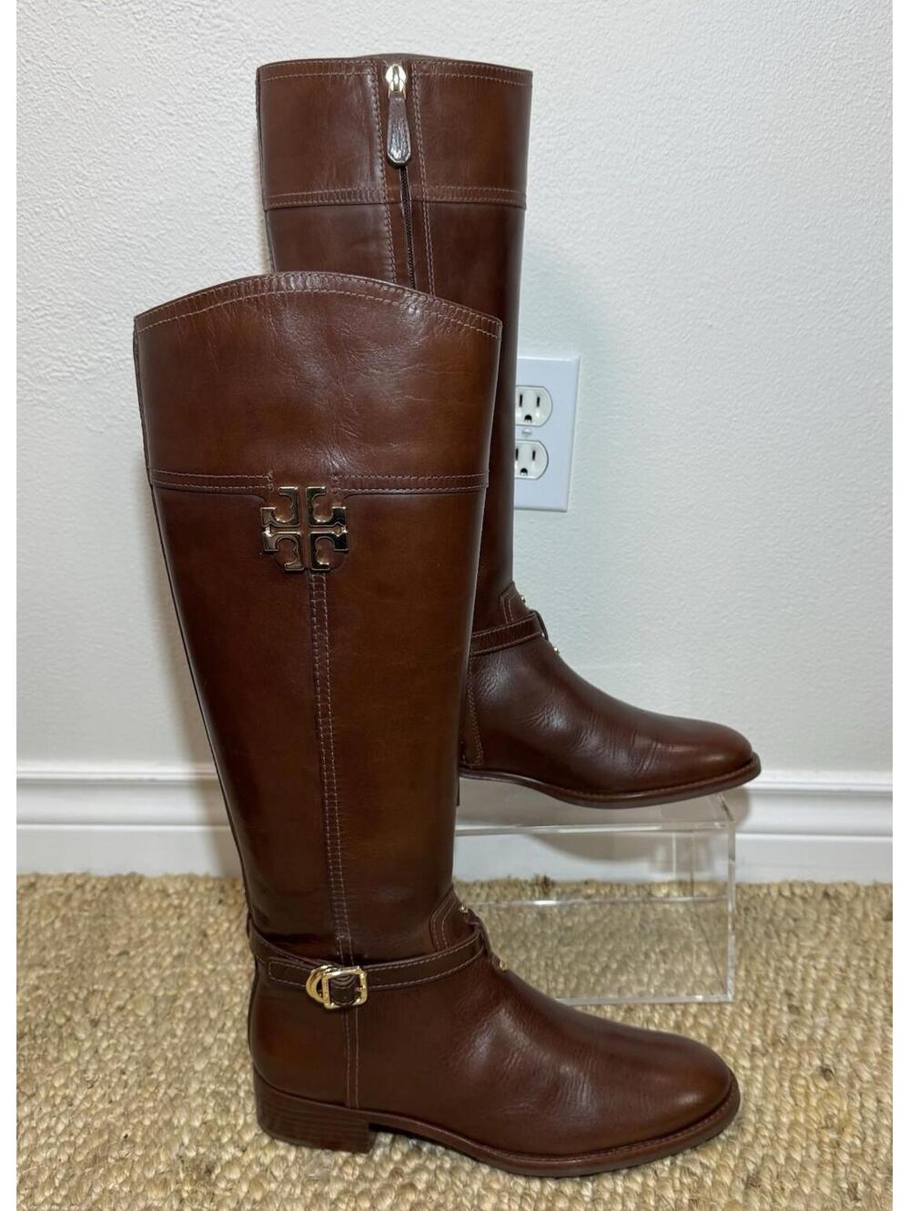 $495 Tory Burch The Eloise Size 9 Almond Brown Leather Tall Zip Up Riding Boots